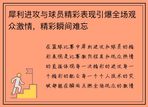 犀利进攻与球员精彩表现引爆全场观众激情，精彩瞬间难忘